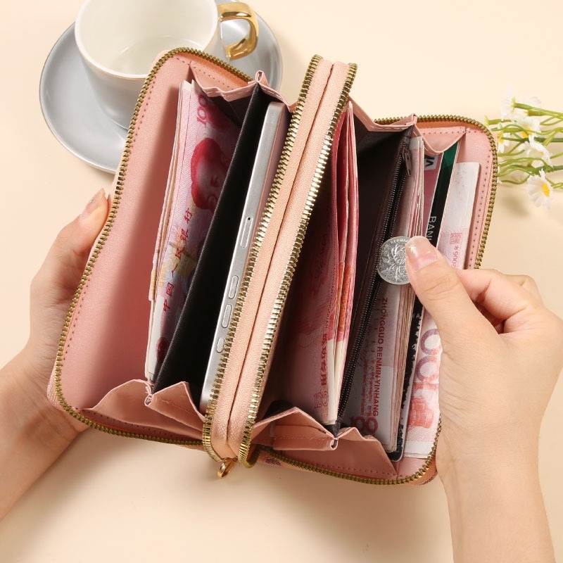 Portofel de damă din PU, clutch lung cu închidere magnetică, buzunar orizontal dreptunghiular pentru telefon, fermoar dublu, capacitate mare pentru carduri