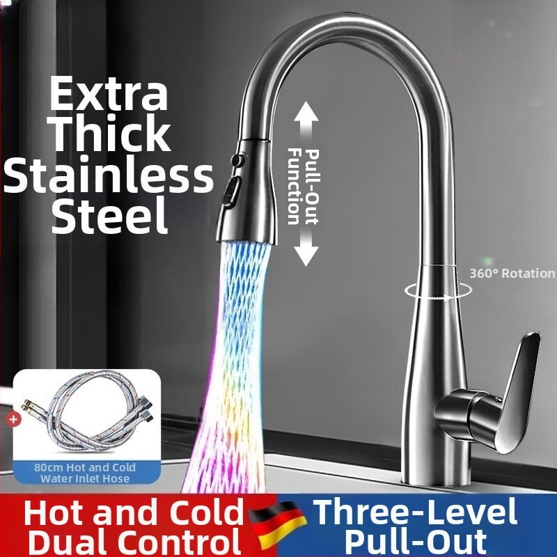 Robinet de bucătărie cu extensie, din oțel inoxidabil, disc ceramic, 0,1–0,9 MPa, 0–90 °C