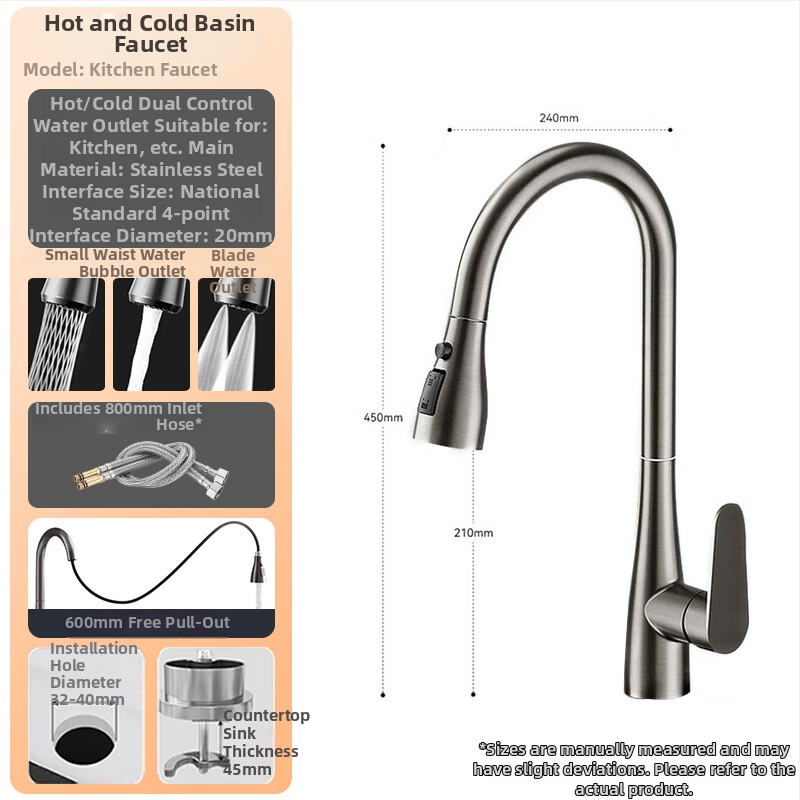 Robinet de bucătărie cu extensie, din oțel inoxidabil, disc ceramic, 0,1–0,9 MPa, 0–90 °C