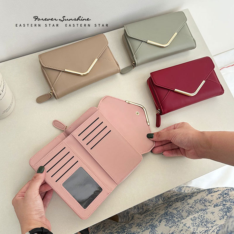 Sieviešu maku ar kuveres stila rāvējslēdzēju, minimalistisks, PU materiāls, vairāki kartes nodalījumi