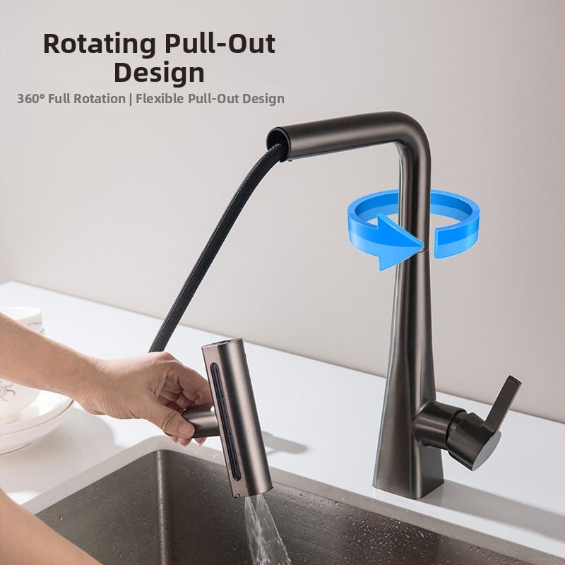 Robinet de bucătărie retractabil cu jet cascadă, oțel inoxidabil 304, supapă cu disc ceramic, intrare 8 mm, 0–90°C