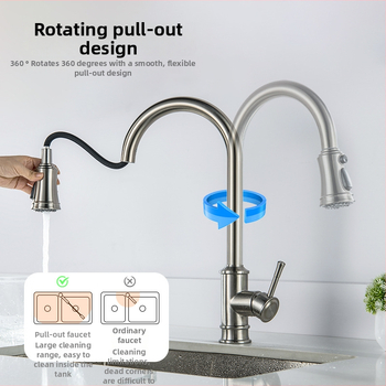 Robinet de bucătărie cu furtun retractabil, din oțel inoxidabil 304, finisaj periat, ventil ceramic disc, presiune 1,6 MPa