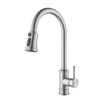 Robinet de bucătărie cu furtun retractabil, din oțel inoxidabil 304, finisaj periat, ventil ceramic disc, presiune 1,6 MPa