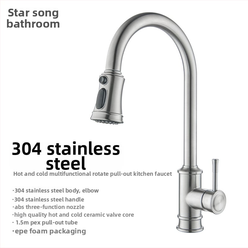 Robinet de bucătărie cu furtun retractabil, din oțel inoxidabil 304, finisaj periat, ventil ceramic disc, presiune 1,6 MPa