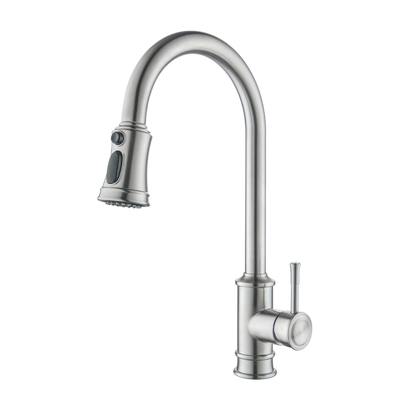 Robinet de bucătărie cu furtun retractabil, din oțel inoxidabil 304, finisaj periat, ventil ceramic disc, presiune 1,6 MPa