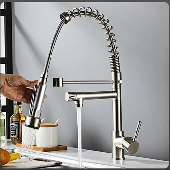 Robinet de bucătărie cu extensie trasă și arc, dual fierbinte/rece, stil american, corp din cupru, supapă ceramică