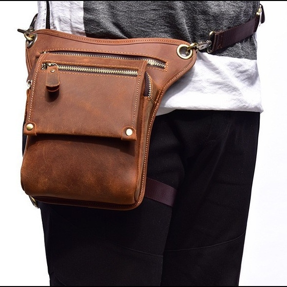 Geantă talie din piele naturală pentru bărbați, piele din primul strat Crazy Horse, rezistentă la uzură, căptușeală poliester-cotton, marcă Shoubang, purtare zilnică