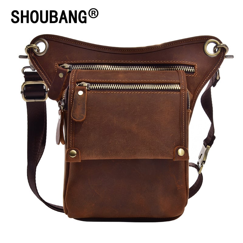 Geantă talie din piele naturală pentru bărbați, piele din primul strat Crazy Horse, rezistentă la uzură, căptușeală poliester-cotton, marcă Shoubang, purtare zilnică