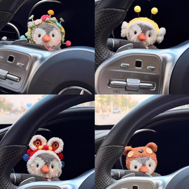 Pliša automašīnas interjera dekors ar pingvīna motīvu – dekoratīvā lelle ar tīrīšanas un signāla akcentiem, pielāgojama