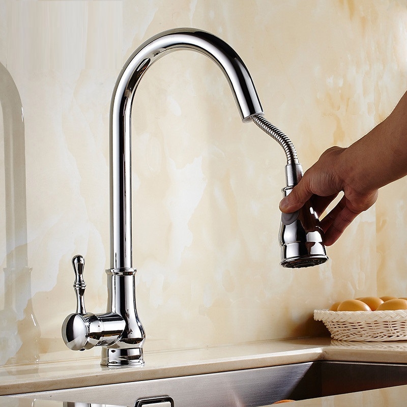 Kuhinjska slavina s izvučnim izlazom, bakreno tijelo, keramički disk ventil, montaža na radnu ploču, model Vase faucet
