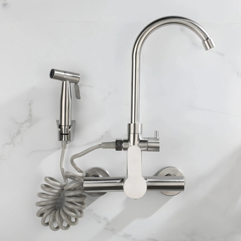 Robinet de bucătărie montat în perete, cu două găuri, din oțel inoxidabil 304, cu disc ceramic, instalare în perete, cu set de pulverizare