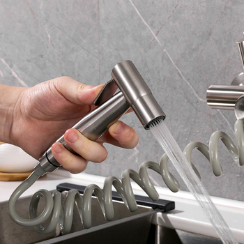 Robinet de bucătărie montat în perete, cu două găuri, din oțel inoxidabil 304, cu disc ceramic, instalare în perete, cu set de pulverizare