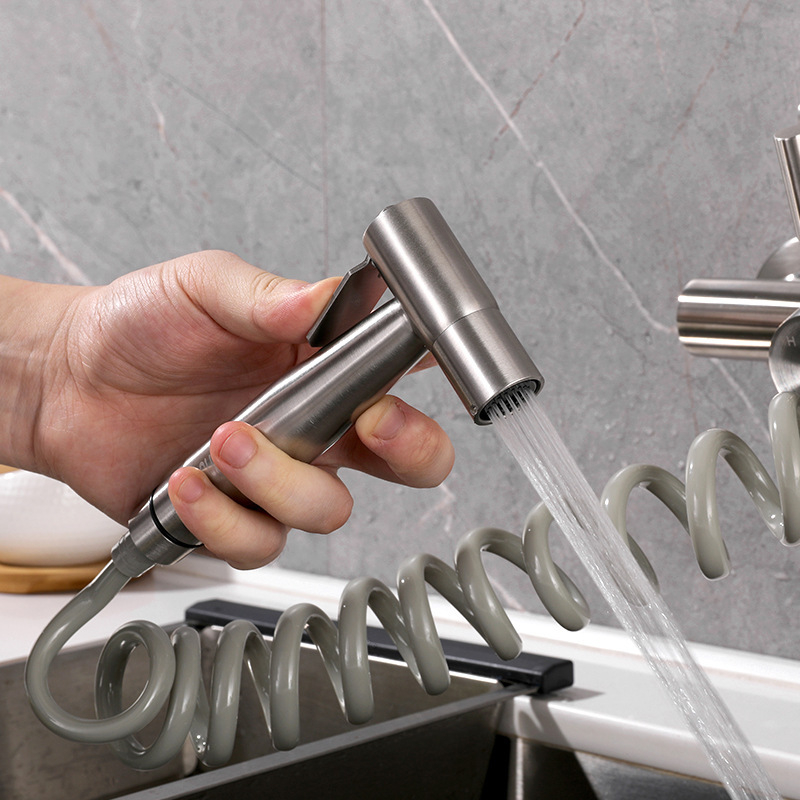 Robinet de bucătărie montat în perete, cu două găuri, din oțel inoxidabil 304, cu disc ceramic, instalare în perete, cu set de pulverizare