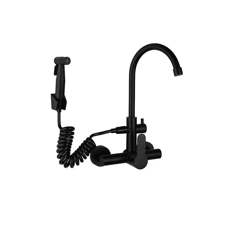 Robinet de bucătărie montat în perete, cu două găuri, din oțel inoxidabil 304, cu disc ceramic, instalare în perete, cu set de pulverizare