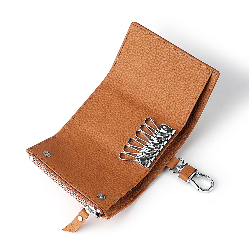 Torba za ključeve od prave kože, prvi sloj teleće kože, prugasti uzorak, unisex, gradski minimalistički stil, podstava od poliestera, džep za novčiće sa zatvaračem