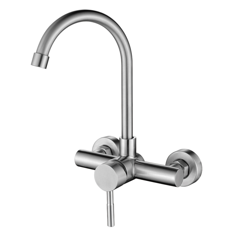 Robinet de bucătărie montat pe perete cu două găuri — oțel inoxidabil, supapă ceramică, robinet amestecător, structură dublă