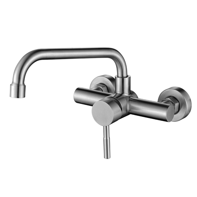 Robinet de bucătărie montat pe perete cu două găuri — oțel inoxidabil, supapă ceramică, robinet amestecător, structură dublă