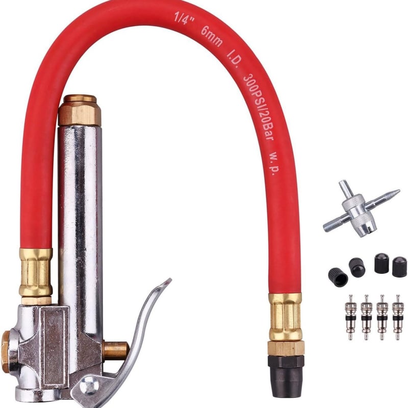 Rankinis avarinės padangų pripūtimo pompa su matuokliu, daugiafunkcinis universalus komplektas; slėgio diapazonas 0–100 psi, tikslumas 0.01 psi, medžiagos: varis, nerūdijantis plienas, guma, ABS