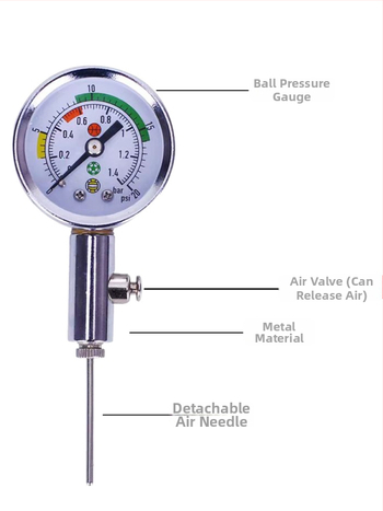 Tiesneša bumbu spiediena manometrs – adatas tipa, metāls; piemērots futbolam, basketbolam un volejbolam; apmācības palīgs; pielāgojams