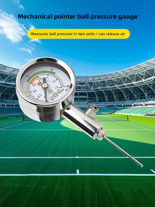 Tiesneša bumbu spiediena manometrs – adatas tipa, metāls; piemērots futbolam, basketbolam un volejbolam; apmācības palīgs; pielāgojams
