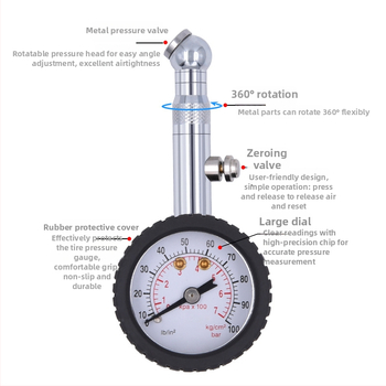 Метален манометър за налягане в гумите, механичен барометър, марка CZS/Che, диапазон 0–100 psi, точност ±2 psi, материали мед, метал и гума, множество единици измерване