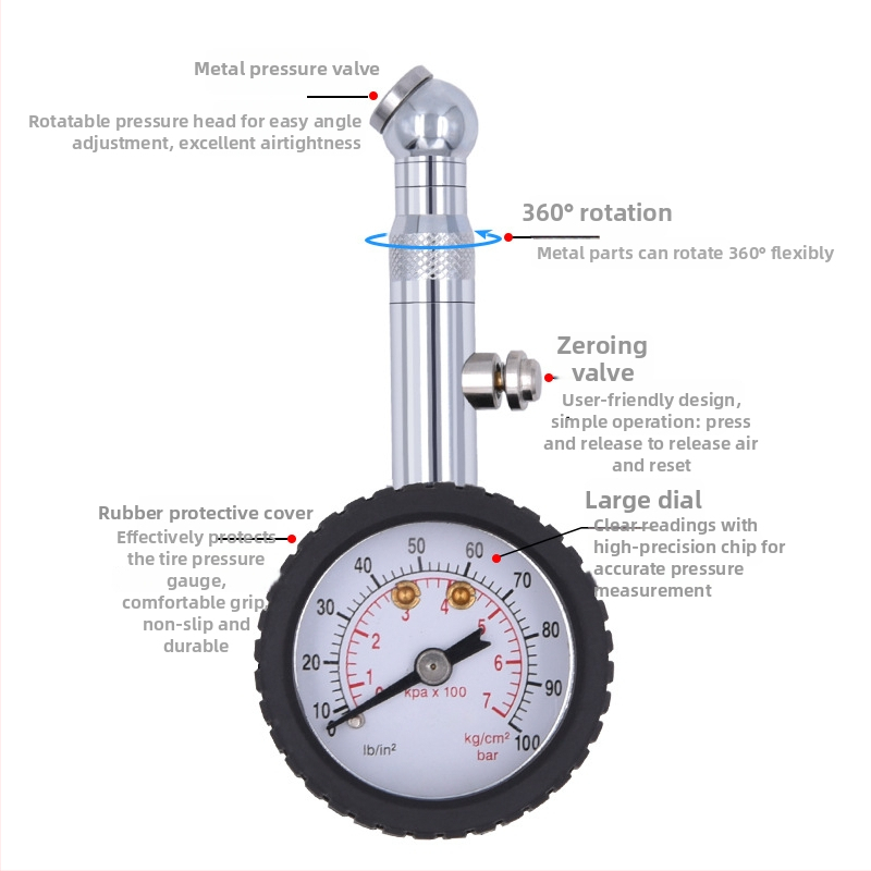 Метален манометър за налягане в гумите, механичен барометър, марка CZS/Che, диапазон 0–100 psi, точност ±2 psi, материали мед, метал и гума, множество единици измерване