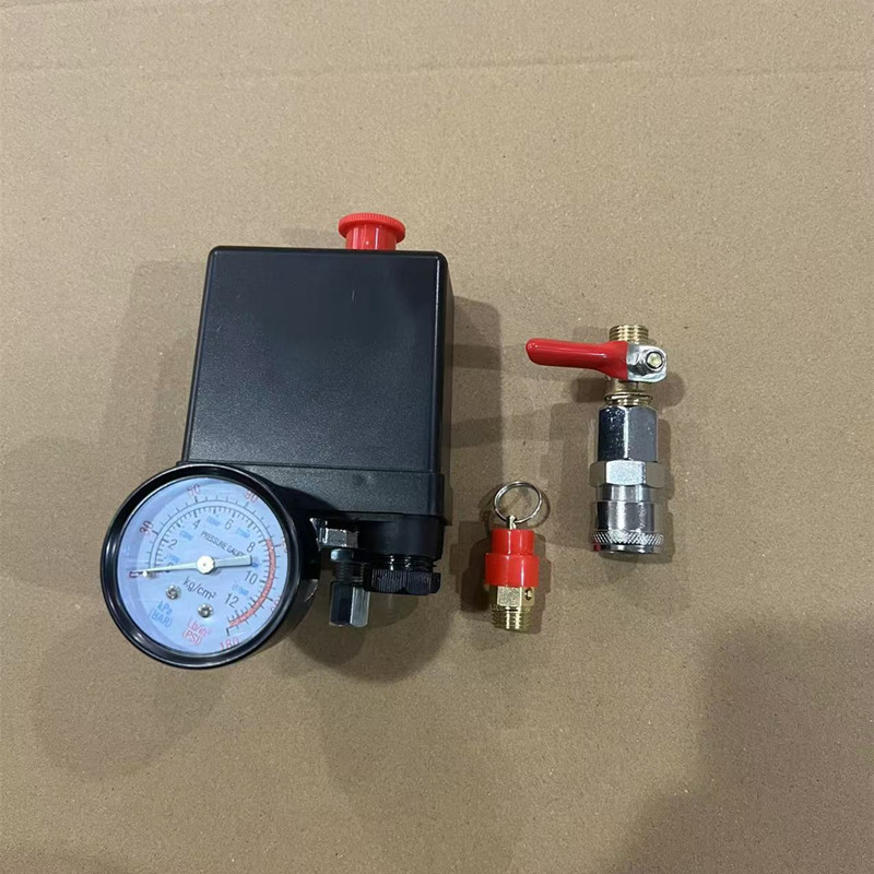 Ansamblu comutator de presiune automată pentru compresoare de aer, cu manometru și supapă de siguranță