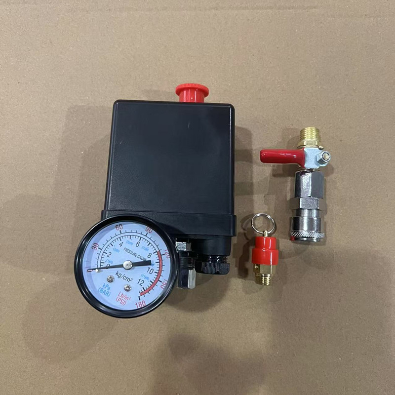 Ansamblu comutator de presiune automată pentru compresoare de aer, cu manometru și supapă de siguranță