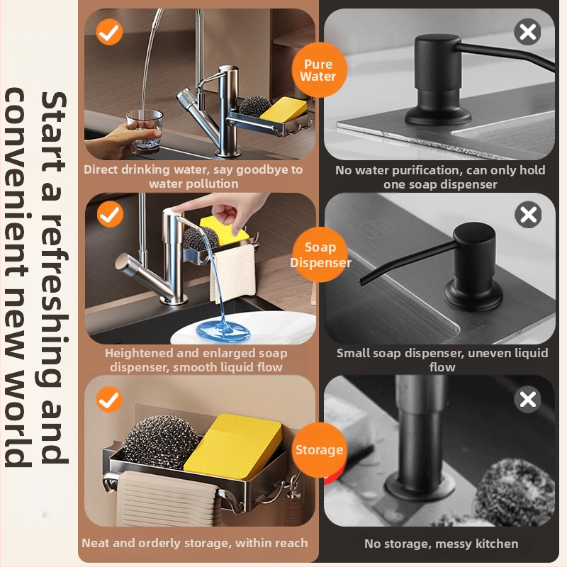 Dávkovač tekutého mydla do kuchyne s ručným stlačením a integrovaným podnosom, ABS materiál, brúsený povrch, moderný minimalistický štýl, stolový spôsob montáže