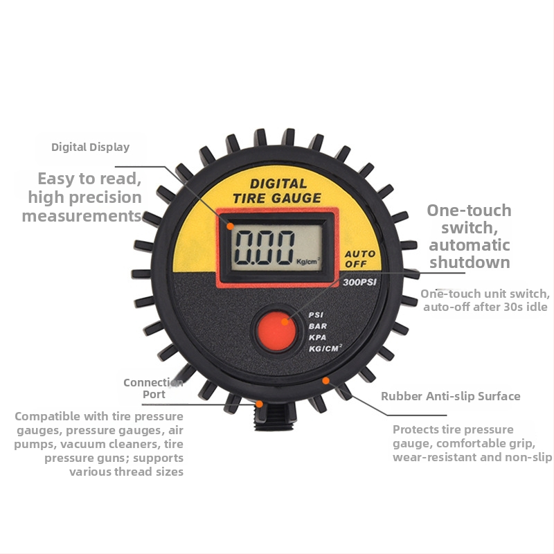 Vysoko presný nafukovací pištol na pneumatiky s digitálnym tlakomern LED displejom, rozsah 0-300 psi, presnosť +/-1.5 psi, telo z ABS plastu, napájanie CR2032.