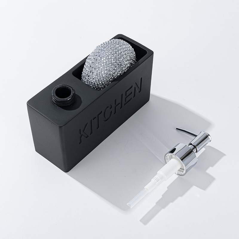 Kézi nyomású adagoló készlet gyantából készült tároló dobozzal, szivacs tartóval és tároló dobozzal, konyha és fürdőszobába; modern minimalista stílus, 580 g, felületi bevonat