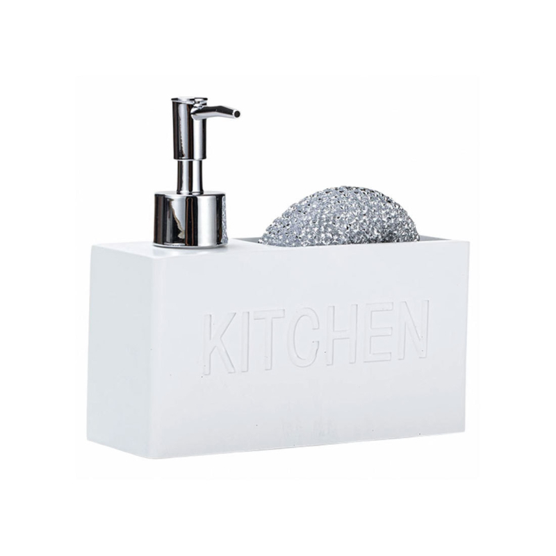 Kézi nyomású adagoló készlet gyantából készült tároló dobozzal, szivacs tartóval és tároló dobozzal, konyha és fürdőszobába; modern minimalista stílus, 580 g, felületi bevonat