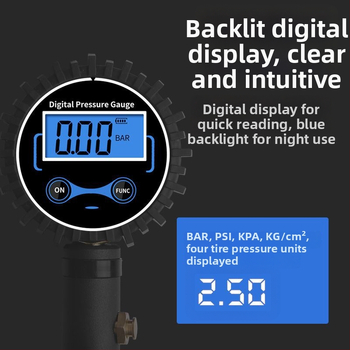 Augstas precizitātes digitālais riepu spiediena mērītājs ar uzpildes pistoli un LCD displeju