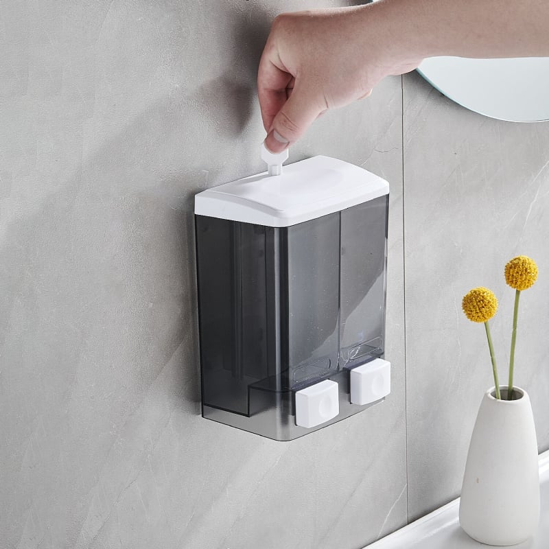 Стенно монтиран дозатор за сапун, ръчен, пластмасов, двойна глава, капацитет 1000 ml, ABS корпус