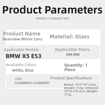BMW X5 E53 galinio vaizdo veidrodžio lęšis (1999-2006) – plokščias stiklas, keitimas, CZPINCHEN, modeliai 51168408797, 51168408798