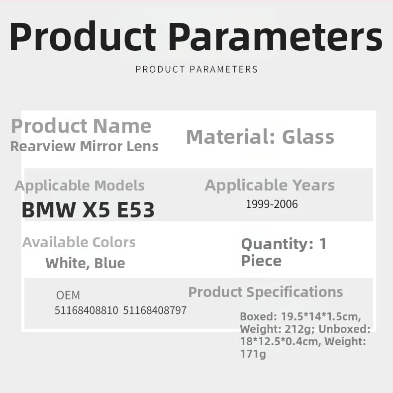 BMW X5 E53 atpakaļskata spoguļa lēca (1999-2006) - plakanais stikls, nomaiņa, CZPINCHEN, modeļi 51168408797, 51168408798