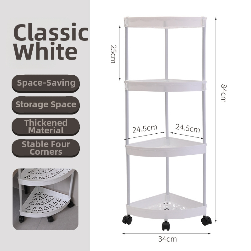 Pastatomas kampinis vonios kambario laikymo stelažas, 4 niveliai, PP medžiaga, judamas, be gręžimo