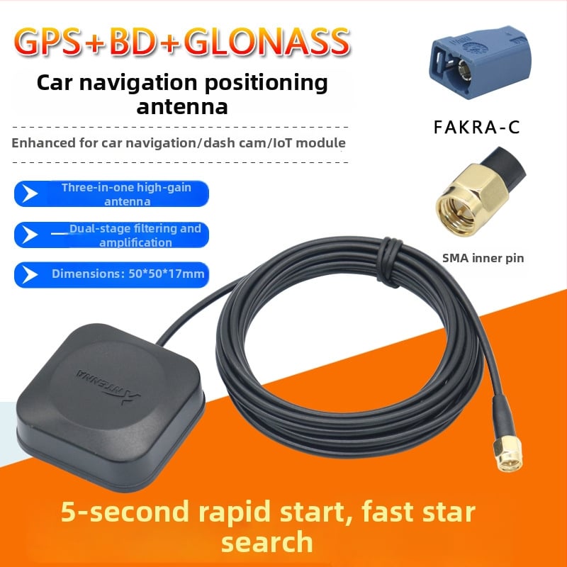 Automobilio navigacijos antena Beidou/GPS/GLONASS su trim režimais, išorinė, aktyvi, didelis signalo stiprumas — modelis XLS-BDGPS-3, Xinlisheng; stiprinimas 35 dB; dažnių juosta 1575.42/1561/1602 MHz; varža 50 Ω