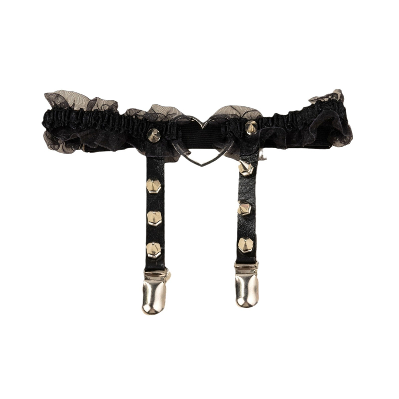 Čipkasti garter pojas sa srcem i metalnim prstenima za noge — Materijal: Čipka; Broj klipova: 2; Duljina prilagodljiva: Da; Elastičnost: Jaka; Križanje: Ne