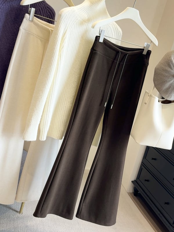 Ženske hlače s flecom iznutra, debeli, blago prošireni kroj, elastični visok pojas, casual stil, zima 2025