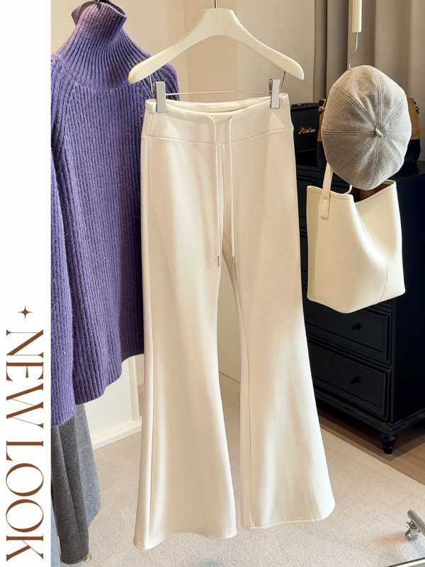 Ženske hlače s flecom iznutra, debeli, blago prošireni kroj, elastični visok pojas, casual stil, zima 2025