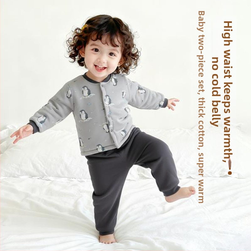 Zīdaiņu 100% kokvilnas apakšveļas komplekts, divdaļīgs komplekts, augsta vidukļa aizsardzība vēderam, mitrumu vadīšana, ziema/rudens