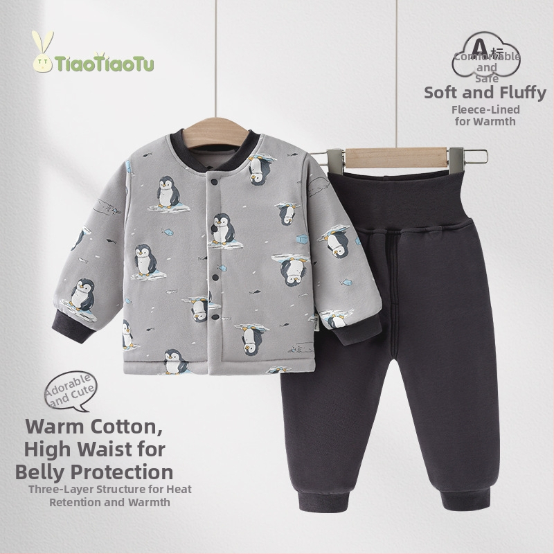 Zīdaiņu 100% kokvilnas apakšveļas komplekts, divdaļīgs komplekts, augsta vidukļa aizsardzība vēderam, mitrumu vadīšana, ziema/rudens