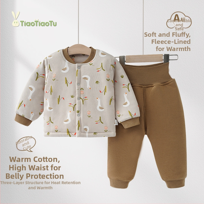 Zīdaiņu 100% kokvilnas apakšveļas komplekts, divdaļīgs komplekts, augsta vidukļa aizsardzība vēderam, mitrumu vadīšana, ziema/rudens