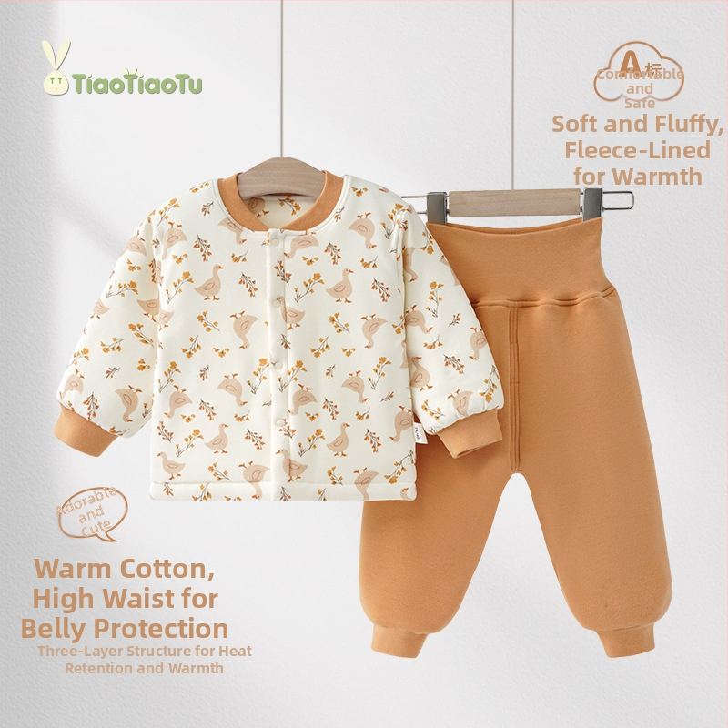 Zīdaiņu 100% kokvilnas apakšveļas komplekts, divdaļīgs komplekts, augsta vidukļa aizsardzība vēderam, mitrumu vadīšana, ziema/rudens