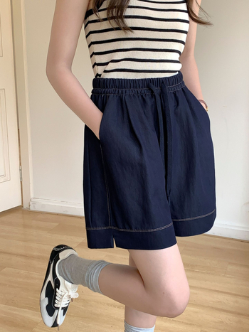 Шорти за лято с връзки отпред, ластична талия, деним-памучно-нейлонова материя, три четвърти дължина, микроеластичност, корейски стил