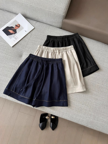 Шорти за лято с връзки отпред, ластична талия, деним-памучно-нейлонова материя, три четвърти дължина, микроеластичност, корейски стил