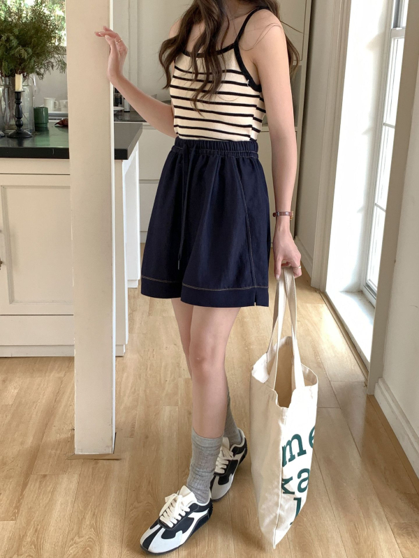 Шорти за лято с връзки отпред, ластична талия, деним-памучно-нейлонова материя, три четвърти дължина, микроеластичност, корейски стил