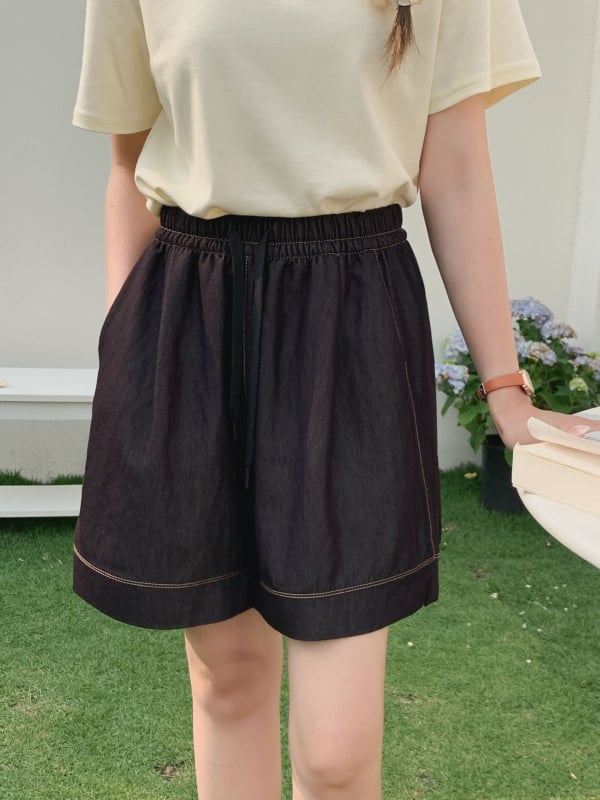 Шорти за лято с връзки отпред, ластична талия, деним-памучно-нейлонова материя, три четвърти дължина, микроеластичност, корейски стил