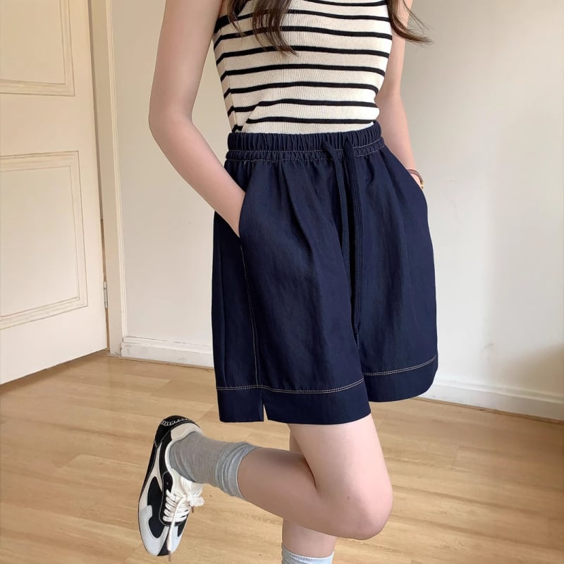 Шорти за лято с връзки отпред, ластична талия, деним-памучно-нейлонова материя, три четвърти дължина, микроеластичност, корейски стил